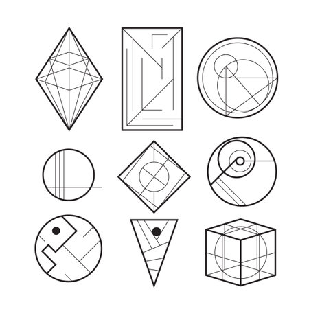 Drawings of different shapes. Set of abstract elements from simple geometric shapes. In graphic line art style. Black and white vector illustrationのイラスト素材