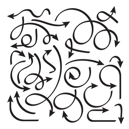 Different arrows, black drawing on a white background. Collection of vector pointers hand Drawn. Vector illustration.のイラスト素材