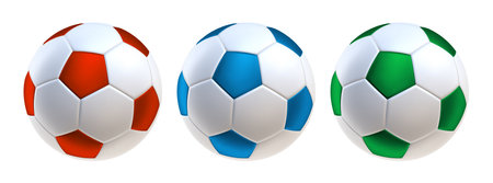 white soccer balls 3d icons. Balls with red blue and green colors inserts. 3d vector render Symbol or emblem football . Vector illustrationのイラスト素材