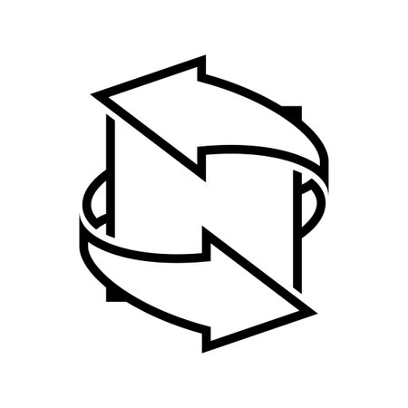 Line drawing of a arrows pointing. two curved arrows pointing in different directions. Symbol letter n inside. Vector illustrationのイラスト素材
