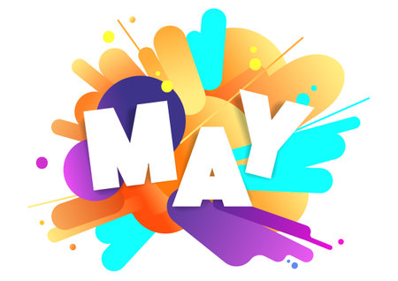 The word May. Banner surrounded by different colored spray paint spots. Symbol or emblem in flat style. Data exchange symbol icon. Vector illustrationのイラスト素材