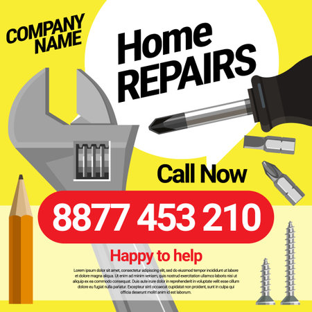 Poster template service for small home repair. A set of building tools. Screwdriver, screws, adjustable wrench. Two options on a white and yellow background. Vector illustration.のイラスト素材