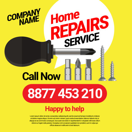 Poster template service for small home repair. A set of building tools. Screwdriver, screws, adjustable wrench. Two options on a white and yellow background. Vector illustration.のイラスト素材