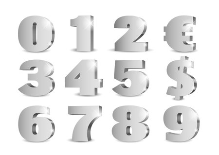 Silver 3d numbers. Symbol set. Vector illustrationのイラスト素材