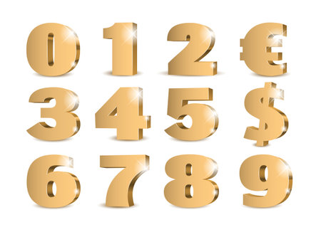 Gold 3d numbers. Symbol set. Vector illustrationのイラスト素材