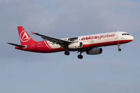 ISTANBUL / TURKEY - MARCH 28, 2019: Atlasglobal special sticker Airbus A321 TC-AGI passenger plane landing at Istanbul Ataturk Airportのeditorial素材