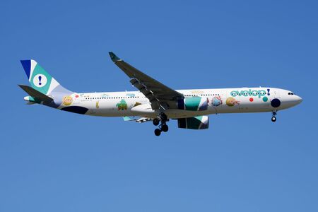 MADRID / SPAIN - MAY 2, 2016: Evelop Airlines special livery Airbus A330-300 EC-MII passenger plane landing at Madrid Barajas Airportのeditorial素材