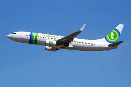 MADRID / SPAIN - MAY 1, 2016: Transavia Boeing 737-800 F-GZHO passenger plane departure at Madrid Barajas Airportのeditorial素材