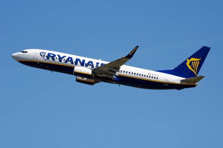 MADRID / SPAIN - MAY 1, 2016: Ryanair Boeing 737-800 EI-FIE passenger plane deaparture at Madrid Barajas Airportのeditorial素材