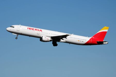 MADRID / SPAIN - MAY 1, 2016: Iberia Airlines Airbus A321 EC-JDR passenger plane departure at Madrid Barajas Airportのeditorial素材