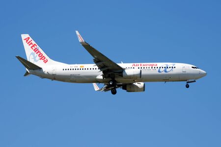 MADRID / SPAIN - MAY 2, 2016: Air Europa Boeing 737-800 EC-ISN passenger plane landing at Madrid Barajas Airportのeditorial素材