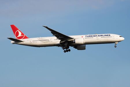 ISTANBUL / TURKEY - MARCH 28, 2019: Turkish Airlines Boeing 777-300ER TC-LJE passenger plane landing at Istanbul Ataturk Airportのeditorial素材