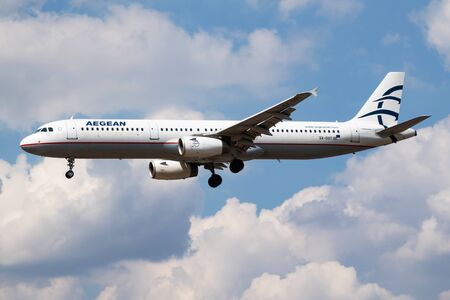 LONDON / UNITED KINGDOM - JULY 14, 2018: Aegean Airlines Airbus A321 SX-DGT passenger plane landing at London Heathrow Airportのeditorial素材