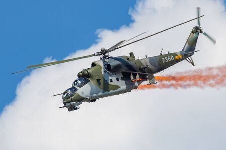 SLIAC / SLOVAKIA - AUGUST 3, 2019: Czech Air Force Mil Mi-24V Hind 7360 attack helicopter display at SIAF Slovak International Air Fest 2019のeditorial素材