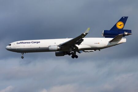 FRANKFURT / GERMANY - AUGUST 17, 2014: Lufthansa Cargo MD-11 D-ALCA cargo plane landing at Frankfurt airportのeditorial素材