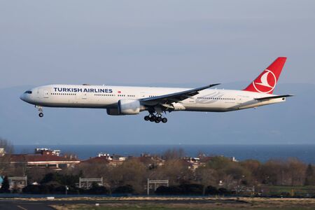 Istanbul / Turkey - March 28, 2019: Turkish Airlines Boeing 777-300ER TC-JJG passenger plane landing at Istanbul Ataturk Airportのeditorial素材