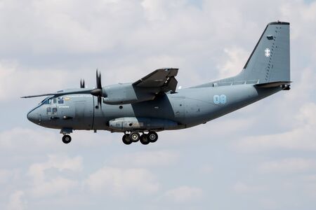FAIRFORD / UNITED KINGDOM - JULY 12, 2018: Lithuanian Air Force Leonardo C-27J Spartan 08 transport plane arrival and landing for RIAT Royal International Air Tattoo 2018 airshowのeditorial素材