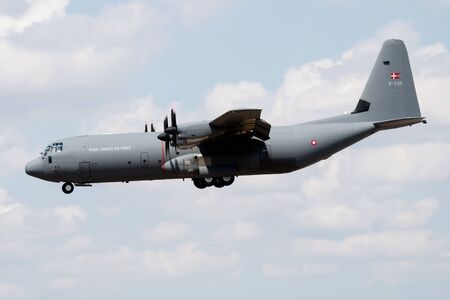 FAIRFORD / UNITED KINGDOM - JULY 12, 2018: Royal Danish Air Force Lockheed C-130J-30 B-536 transport plane arrival and landing for RIAT Royal International Air Tattoo 2018 airshowのeditorial素材