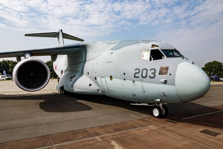 FAIRFORD / UNITED KINGDOM - JULY 13, 2018: Japan Air Self-Defense Force Kawasaki C-2 68-1203 transport plane static display at RIAT Royal International Air Tattoo 2018 airshowのeditorial素材