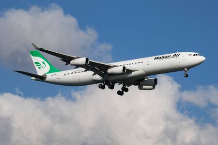 Istanbul / Turkey - March 30, 2019: Mahan Air Airbus A340-300 EP-MMT passenger plane landing at Istanbul Ataturk Airportのeditorial素材