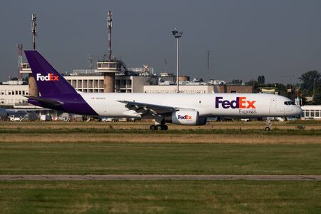 Budapest / Hungary - July 3, 2019: FedEx Express Boeing 757-200 N915FD cargo plane arrival and...