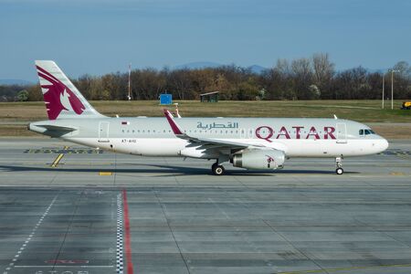 Budapest / Hungary - March 27, 2019: Qatar Airways Airbus A320 A7-AHU passenger plane departure and take off at Budapest Airportのeditorial素材