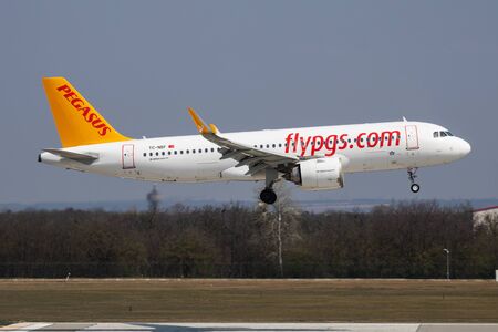 Budapest / Hungary - April 8, 2019: Pegasus Airlines Airbus A320 NEO TC-NBF passenger plane arrival and landing at Budapest Airportのeditorial素材