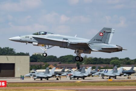 FAIRFORD / UNITED KINGDOM - JULY 12, 2018: Swiss Air Force F/A-18C Hornet J-5010 fighter jet display...