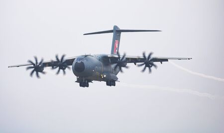 FAIRFORD / UNITED KINGDOM - JULY 12, 2018: Airbus A400M Atlas EC-400 transport plane arrival and...