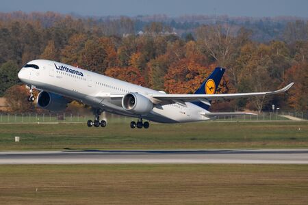 Munich / Germany - October 18, 2017: Lufthansa Airbus A350-900 D-AIXC passenger plane departure at...