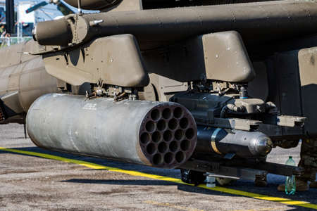 Sliac / Slovakia - August 3, 2019: United States US Army Boeing AH-64E Apache Guardian 17-03147 attack helicopter weapons, Hydra rocket launcher and Hellfire missilesのeditorial素材