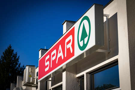 Siofok / Hungary - October 15, 2019: Dutch multinational retail chain and franchise Spar logo and sign in storeのeditorial素材