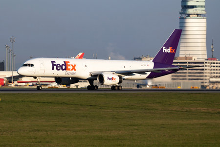 FedEx Boeing 757-200 N972FD cargo plane departure and take off at Vienna International Airportのeditorial素材