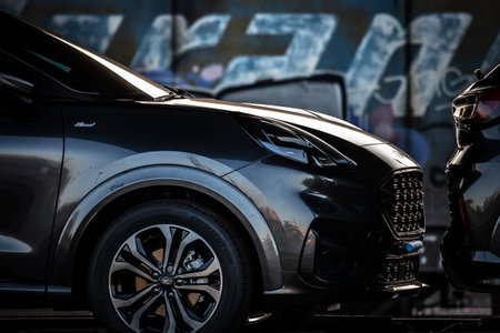 New Ford Puma ST-Line 2021. Creative sunset low light photoshoot. Part of a massive 500 car freight train.のeditorial素材