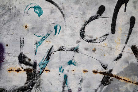 Old weathered aluminium metal plate texture background with grunge graffiti