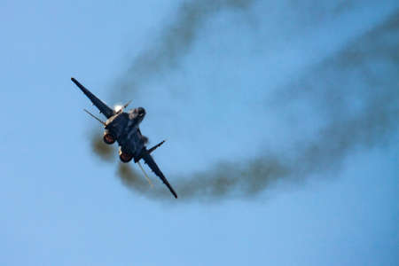 Military fighter jet plane at air base. Air force flight operation. Aviation and aircraft. Air...