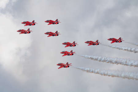 Royal Air Force aerobatic team Red Arrows with BAe Hawk T1A display for RIAT Royal International Air...