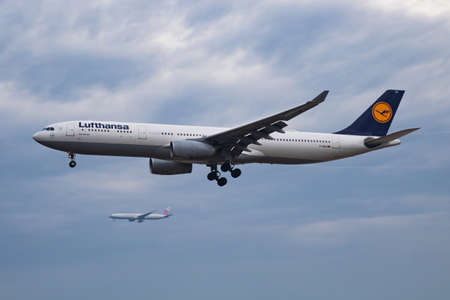 Frankfurt, Germany - June 28, 2017: Lufthansa passenger plane at airport. Schedule flight travel. Aviation and aircraft. Air transport. Global international transportation. Fly and flying.のeditorial素材
