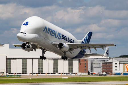 Hamburg, Germany - July 5, 2017: Airbus factory Beluga cargo plane at airport. Air freight and...
