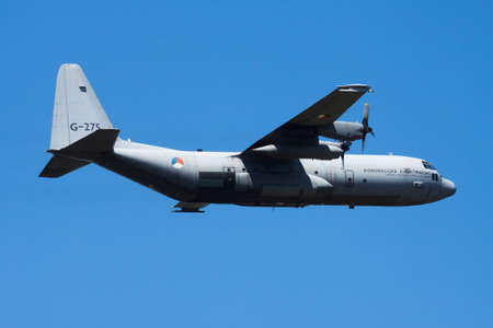 Volkel, Netherlands - June 15, 2013: Military transport plane at air base. Air force flight operation. Aviation and aircraft. Air defense. Military industry. Fly and flying.のeditorial素材