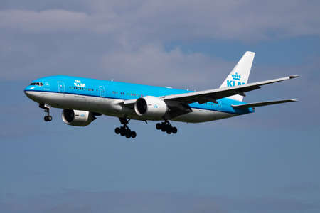Amsterdam / Netherlands - July 3, 2017: KLM Royal Dutch Airlines Boeing 777-200 PH-BQB passenger plane arrival and landing at Amsterdam Schipol Airportのeditorial素材