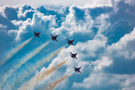 Zeltweg, Austria - September 5, 2019: Military fighter jet plane at air base. Air force flight operation. Aviation and aircraft. Air defense. Military industry. Fly and flying.のeditorial素材
