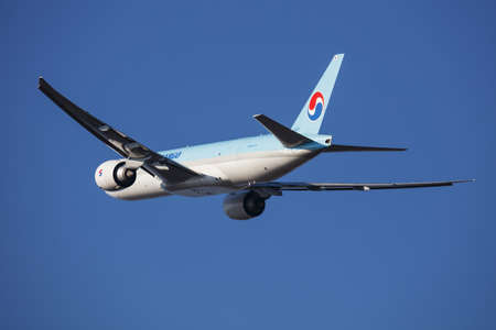 Budapest, Hungary - February 28, 2016: Korean Air cargo plane at airport. Air freight and shipping. Aviation and aircraft. Transport industry. Global international transportation. Fly and flying.のeditorial素材