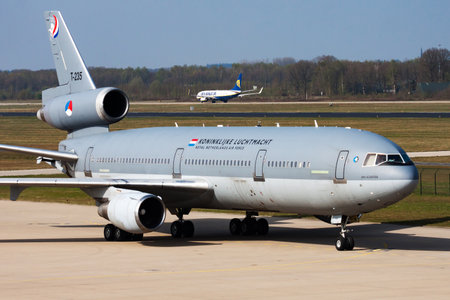 Eindhoven, Netherlands - April 16, 2015: Military transport plane at air base. Air force flight operation. Aviation and aircraft. Air lift. Military industry. Fly and flying.のeditorial素材