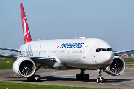Paris, France - April 22, 2015: Turkish Airlines passenger plane at airport. Schedule air travel. Aviation and aircraft. Air transport. Global international transportation. Fly and flying.のeditorial素材