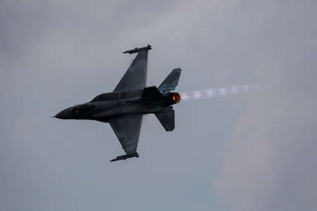 Sliac, Slovakia - September 2, 2018: Military fighter jet plane at air base. Air force flight operation. Aviation and aircraft. Air defense. Military industry. Fly and fly.のeditorial素材