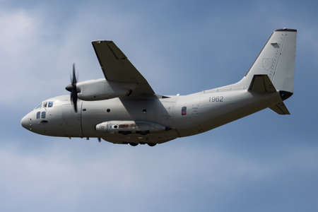 SLIAC / SLOVAKIA - AUGUST 3, 2019: Slovak Air Force Leonardo C-27J Spartan 1962 transport plane display at SIAF Slovak International Air Fest 2019のeditorial素材