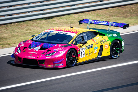 Mogyorod, Hungary - July 9, 2022: International GT Open. Lamborghini Huracan. Motorsport and racing. Sports car and supercar. Grand prix and race. Action Photography.のeditorial素材