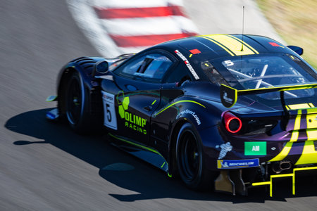Mogyorod, Hungary - July 9, 2022: International GT Open. Ferrari 488 GT3. Motorsport and racing. Sports car and supercar. Grand prix and race. Action Photography.のeditorial素材