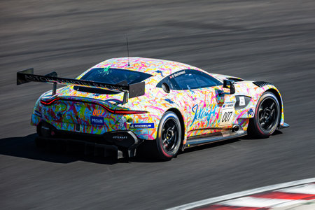 Mogyorod, Hungary - July 9, 2022: International GT Open. Aston Martin Vantage GT3. Motorsport and racing. Sports car and supercar. Grand prix and race. Action Photography.のeditorial素材
